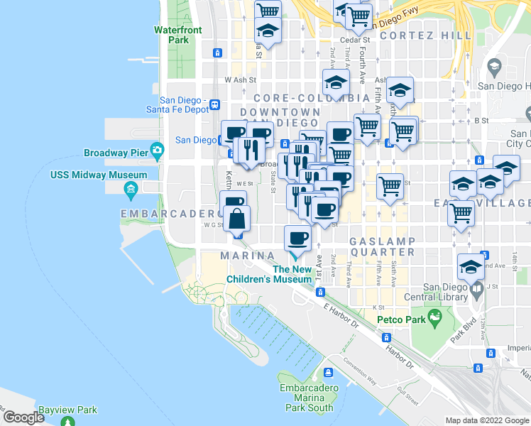map of restaurants, bars, coffee shops, grocery stores, and more near 800 State Street in San Diego
