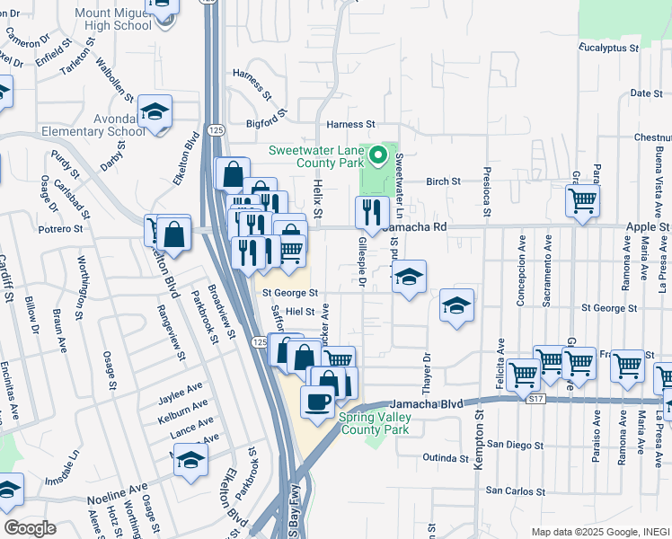 map of restaurants, bars, coffee shops, grocery stores, and more near 1040 Gillespie Drive in Spring Valley