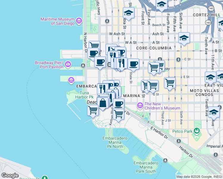 map of restaurants, bars, coffee shops, grocery stores, and more near 706 Kettner Boulevard in San Diego