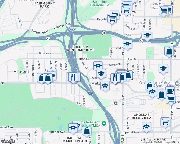 map of restaurants, bars, coffee shops, grocery stores, and more near 737-41 44th Street in San Diego
