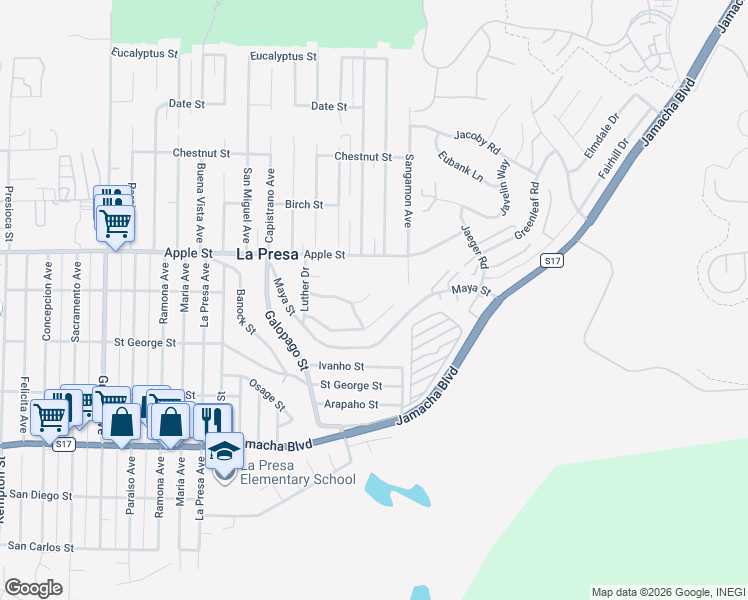 map of restaurants, bars, coffee shops, grocery stores, and more near 9863 Avenida Colino in Spring Valley