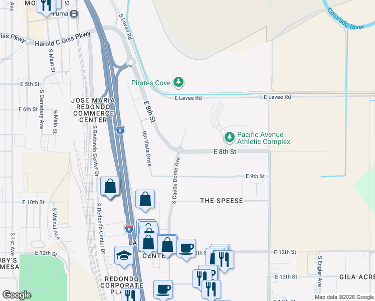 map of restaurants, bars, coffee shops, grocery stores, and more near East 8th Street in Yuma