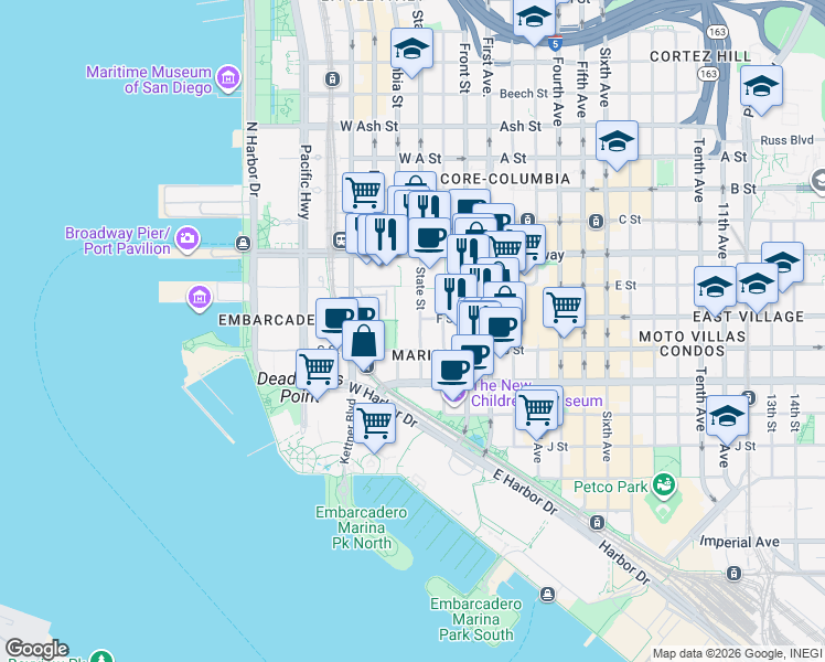 map of restaurants, bars, coffee shops, grocery stores, and more near 750 State Street in San Diego
