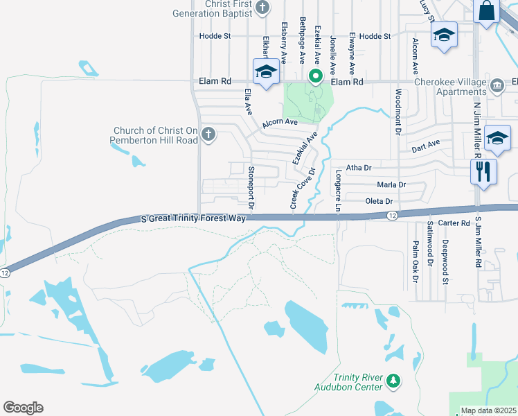 map of restaurants, bars, coffee shops, grocery stores, and more near 220 Stoneport Drive in Dallas
