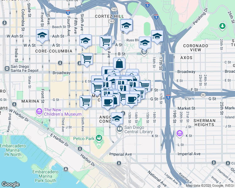 map of restaurants, bars, coffee shops, grocery stores, and more near in San Diego