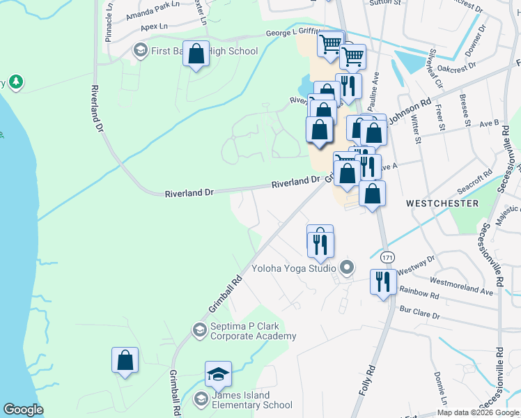 map of restaurants, bars, coffee shops, grocery stores, and more near 1325 Samson Road in Charleston