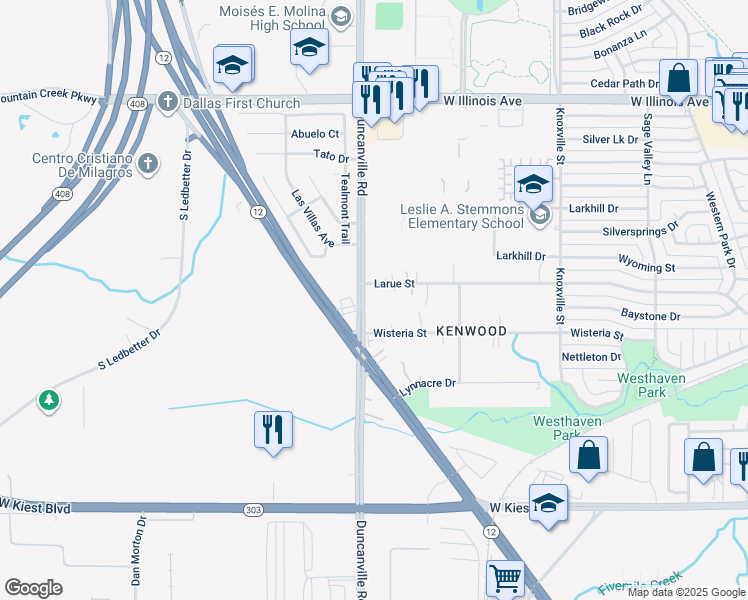 map of restaurants, bars, coffee shops, grocery stores, and more near 4978 La Rue Street in Dallas