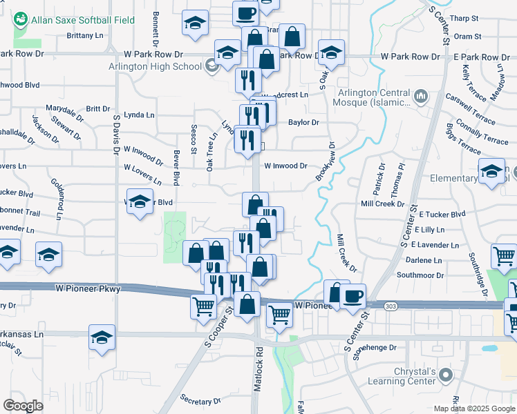map of restaurants, bars, coffee shops, grocery stores, and more near 1919 South Cooper Street in Arlington