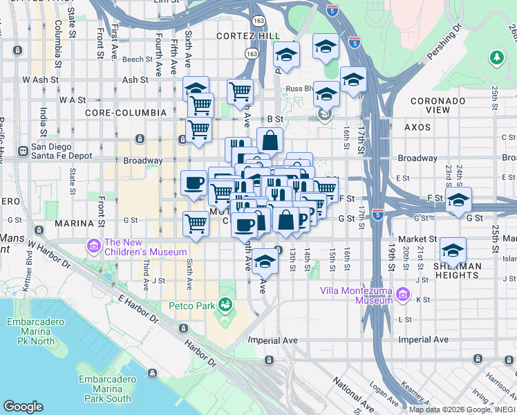 map of restaurants, bars, coffee shops, grocery stores, and more near in San Diego