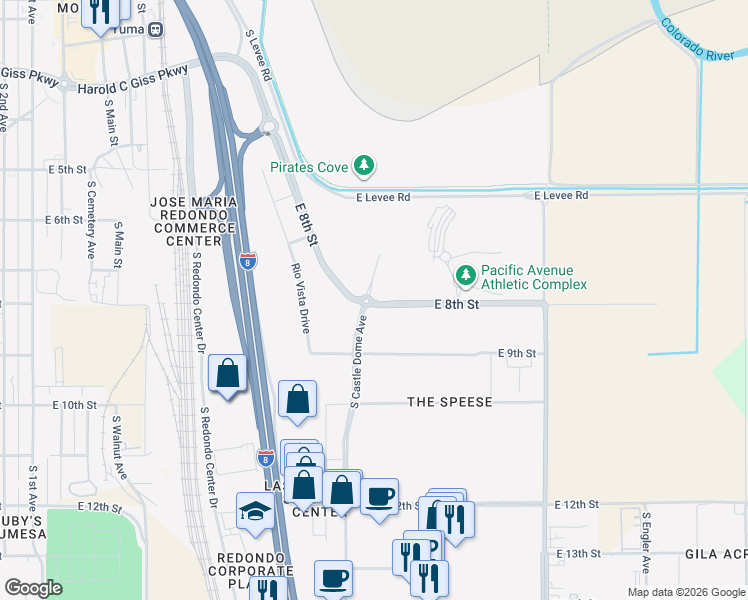 map of restaurants, bars, coffee shops, grocery stores, and more near East 8th Street in Yuma