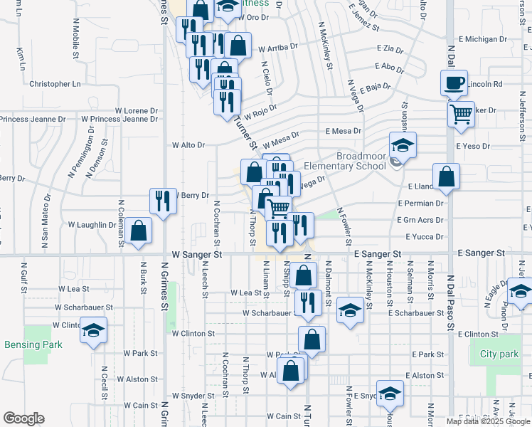 map of restaurants, bars, coffee shops, grocery stores, and more near 1218 North Thorp Street in Hobbs