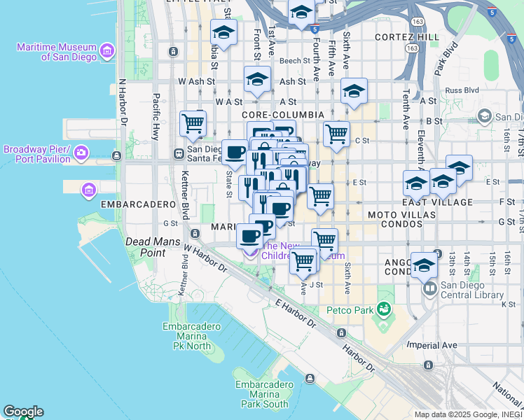 map of restaurants, bars, coffee shops, grocery stores, and more near 185 West F Street in San Diego