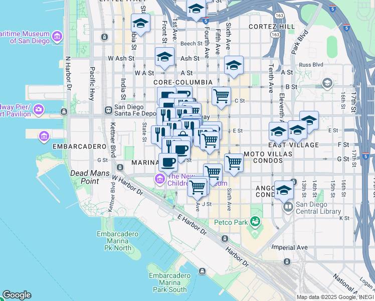 map of restaurants, bars, coffee shops, grocery stores, and more near 31 Horton Plaza in San Diego