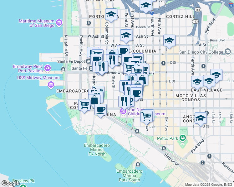 map of restaurants, bars, coffee shops, grocery stores, and more near 325 West F Street in San Diego