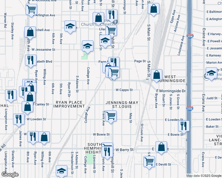 map of restaurants, bars, coffee shops, grocery stores, and more near 2620 Hemphill Street in Fort Worth
