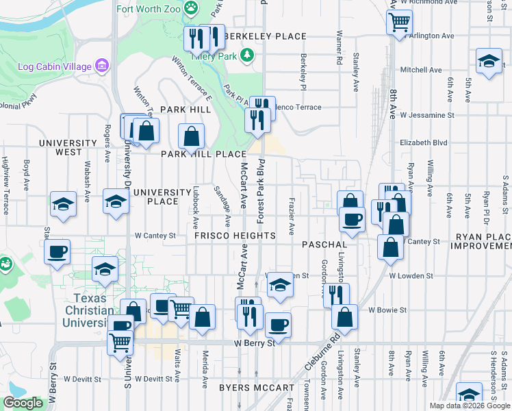 map of restaurants, bars, coffee shops, grocery stores, and more near 2628 Forest Park Boulevard in Fort Worth