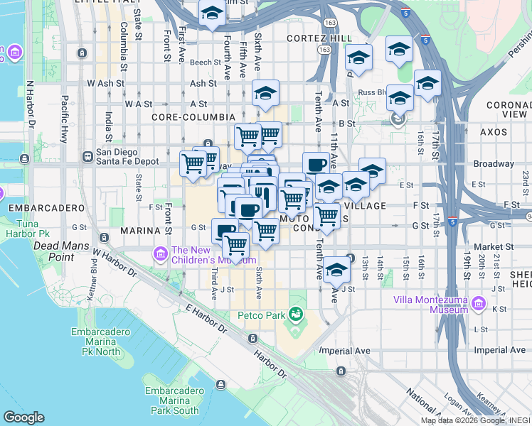 map of restaurants, bars, coffee shops, grocery stores, and more near 777 Sixth Avenue in San Diego