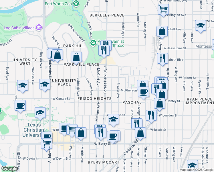map of restaurants, bars, coffee shops, grocery stores, and more near 2620 Wayside Avenue in Fort Worth