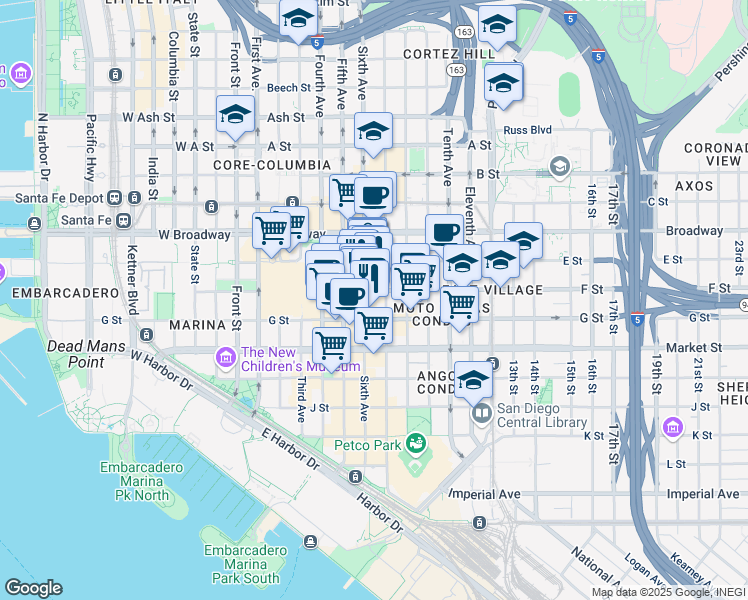 map of restaurants, bars, coffee shops, grocery stores, and more near 777 Sixth Avenue in San Diego