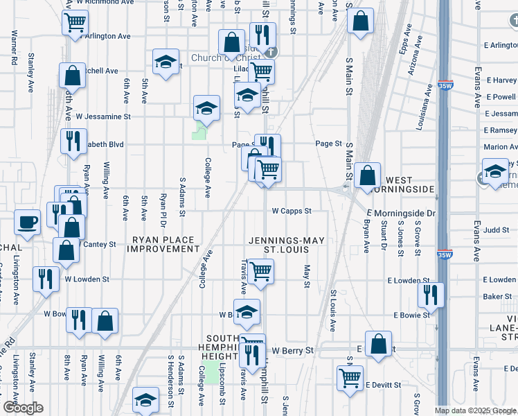 map of restaurants, bars, coffee shops, grocery stores, and more near 2620 Hemphill Street in Fort Worth