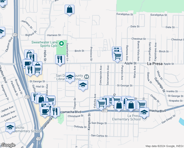map of restaurants, bars, coffee shops, grocery stores, and more near 865 Kempton Street in Spring Valley