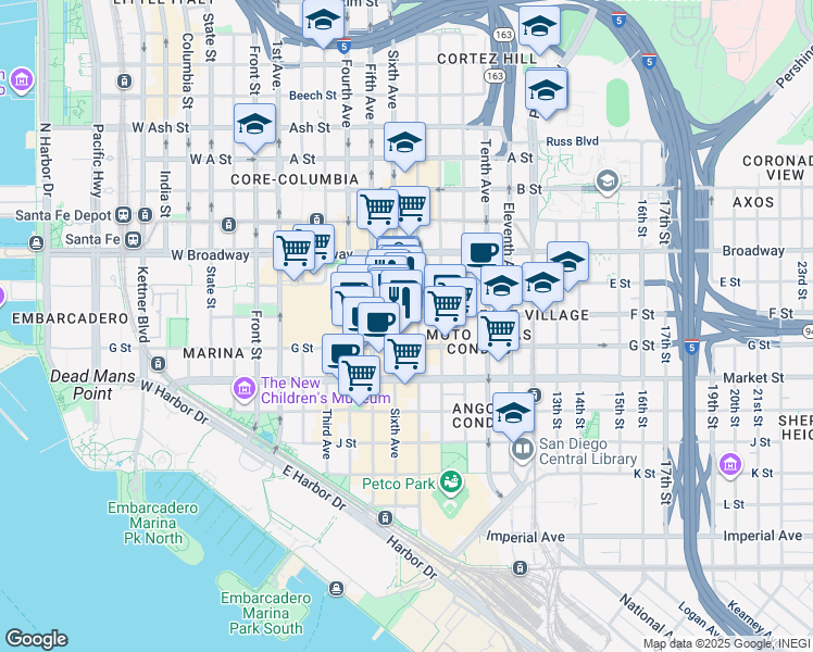 map of restaurants, bars, coffee shops, grocery stores, and more near 789 Sixth Avenue in San Diego