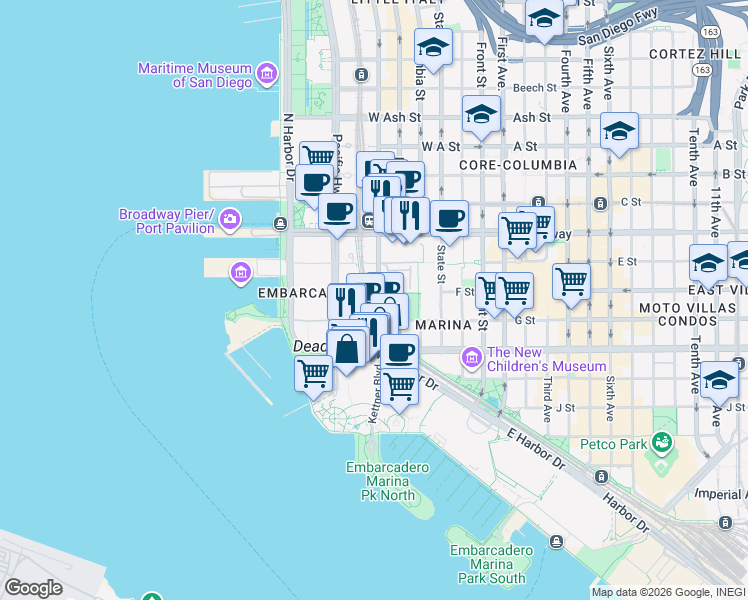 map of restaurants, bars, coffee shops, grocery stores, and more near 706 Kettner Boulevard in San Diego