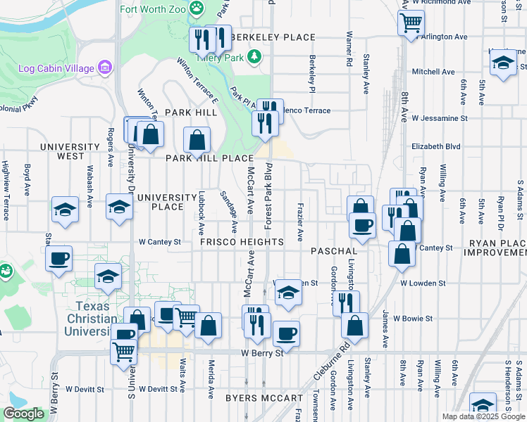 map of restaurants, bars, coffee shops, grocery stores, and more near 2627 McCart Avenue in Fort Worth