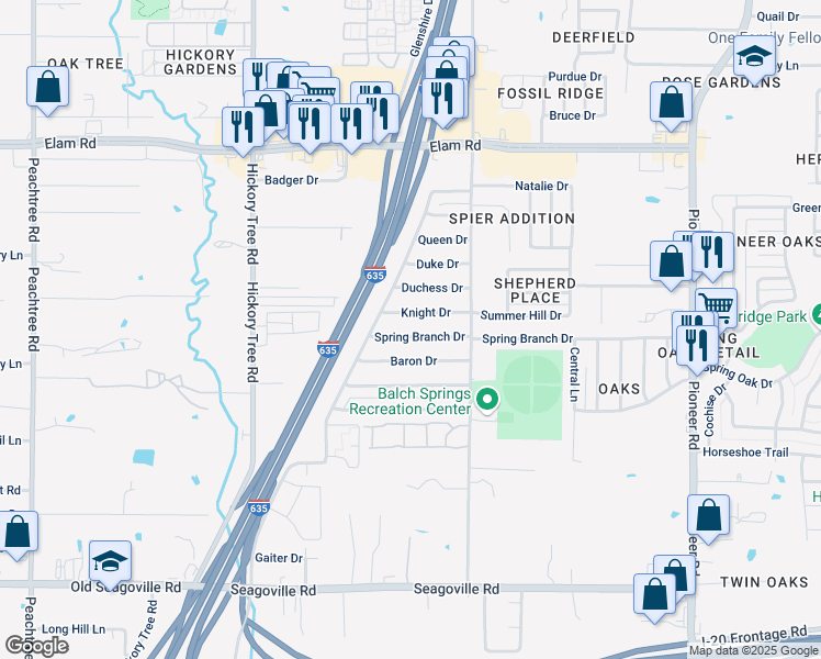 map of restaurants, bars, coffee shops, grocery stores, and more near 12125 Spring Branch Drive in Balch Springs