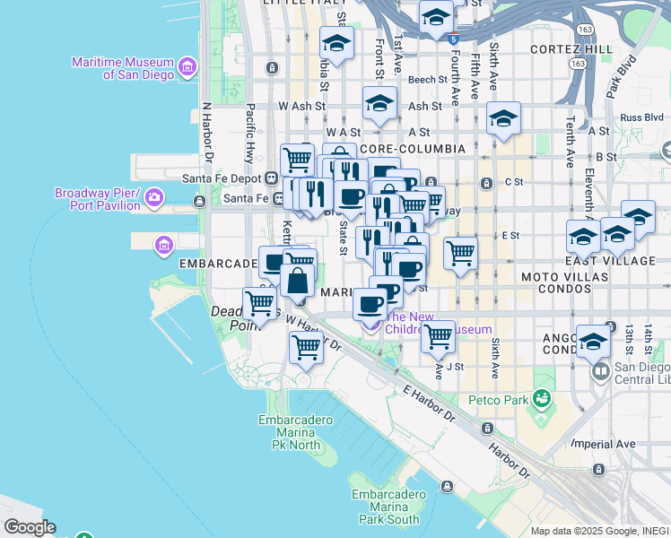 map of restaurants, bars, coffee shops, grocery stores, and more near 750 State Street in San Diego