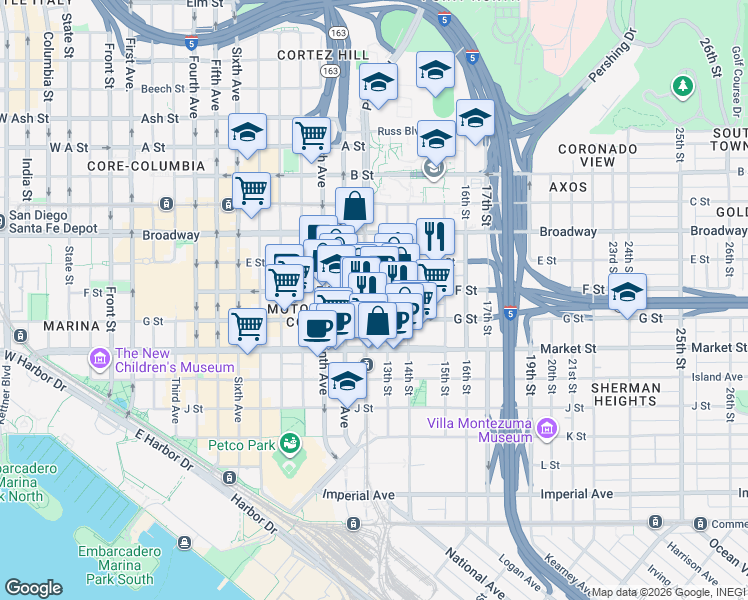 map of restaurants, bars, coffee shops, grocery stores, and more near 1249 F Street in San Diego