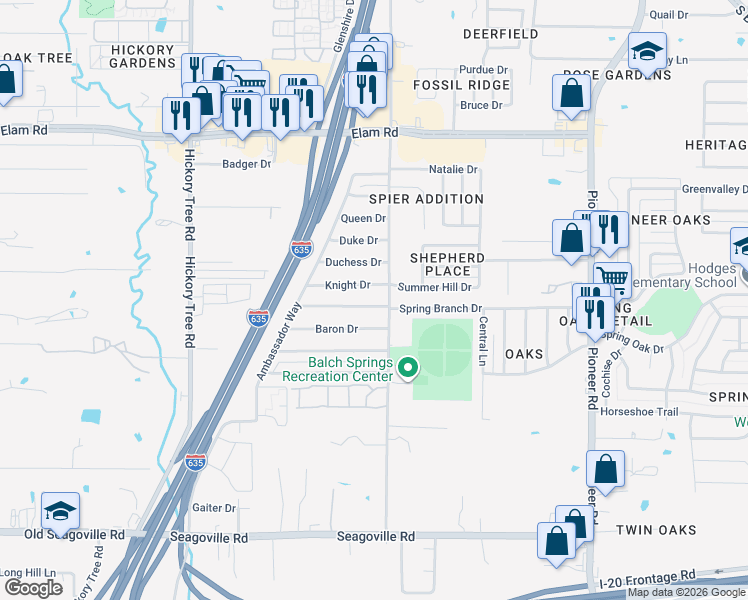 map of restaurants, bars, coffee shops, grocery stores, and more near 12301 Spring Branch Drive in Balch Springs