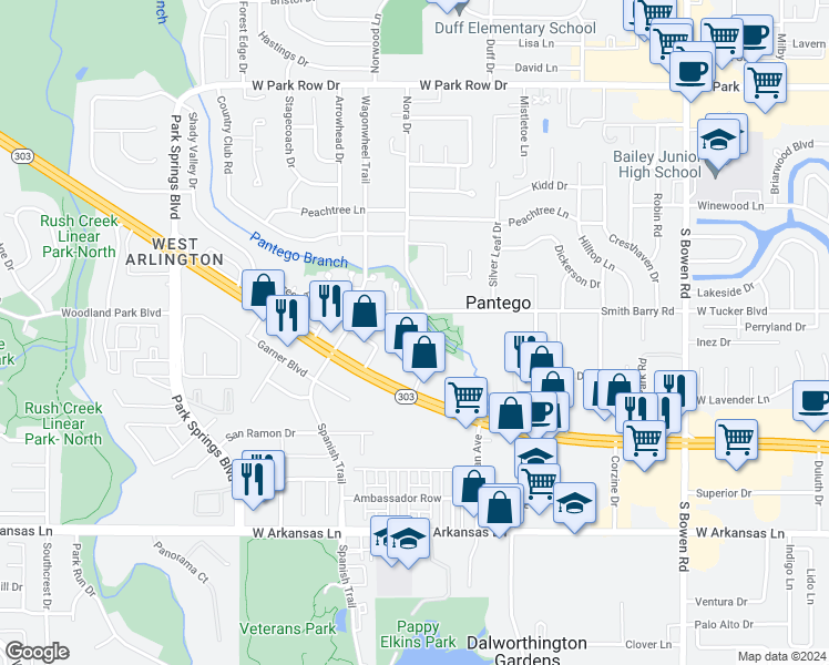 map of restaurants, bars, coffee shops, grocery stores, and more near 20 Gittiban Place in Pantego