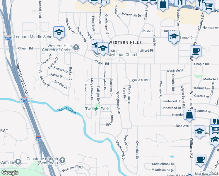 map of restaurants, bars, coffee shops, grocery stores, and more near 4000 Sundown Drive in Fort Worth