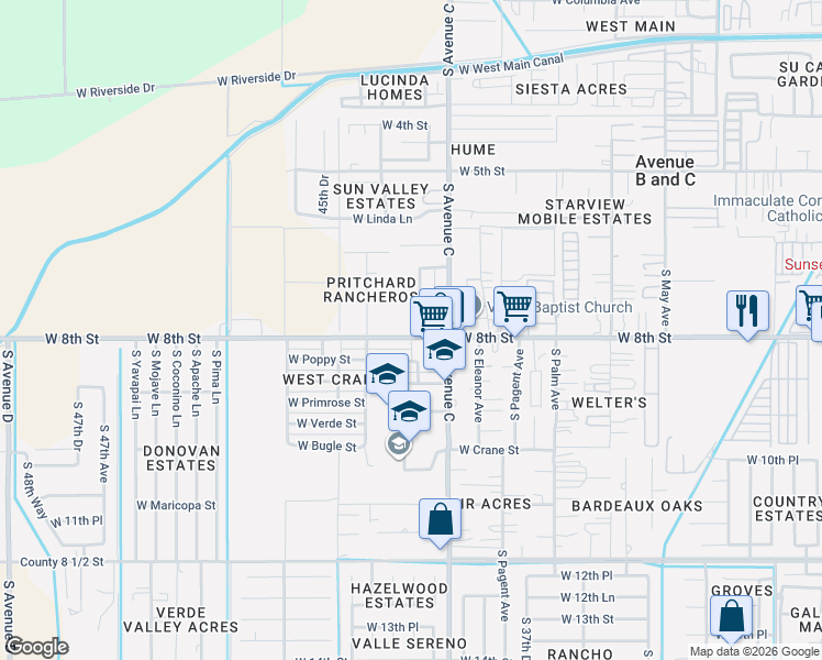 map of restaurants, bars, coffee shops, grocery stores, and more near 7918 South Phillips Avenue in Yuma