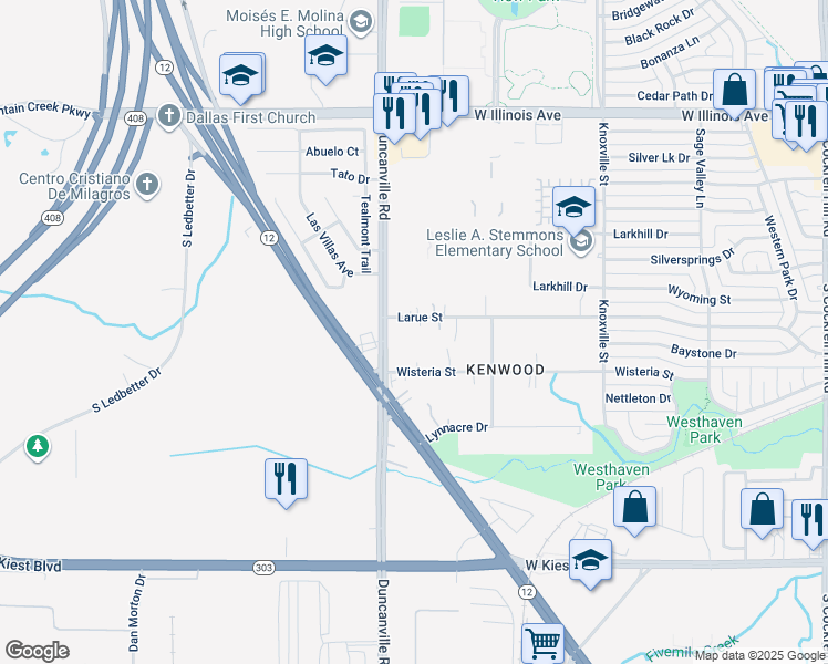 map of restaurants, bars, coffee shops, grocery stores, and more near 4978 La Rue Street in Dallas