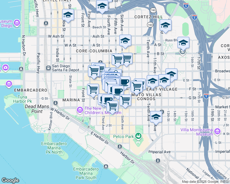 map of restaurants, bars, coffee shops, grocery stores, and more near in San Diego