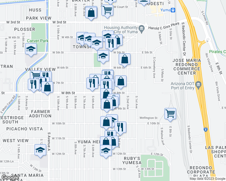 map of restaurants, bars, coffee shops, grocery stores, and more near 791 South 4th Avenue in Yuma