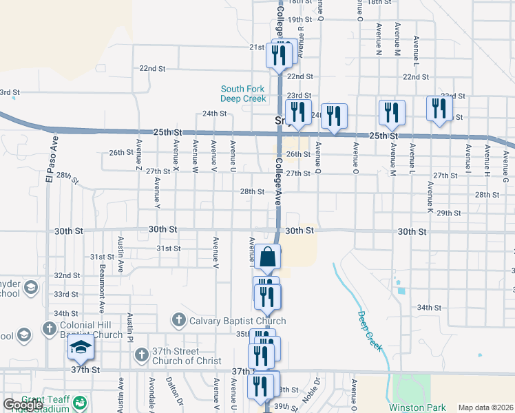 map of restaurants, bars, coffee shops, grocery stores, and more near 2800 Avenue T in Snyder
