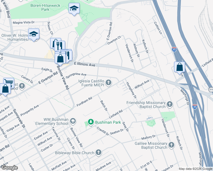 map of restaurants, bars, coffee shops, grocery stores, and more near 3223 Fordham Road in Dallas