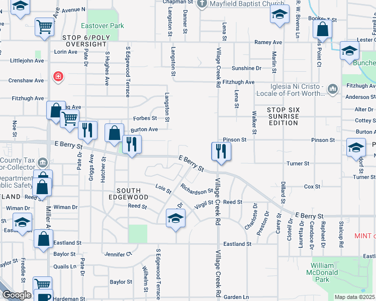 map of restaurants, bars, coffee shops, grocery stores, and more near 4711 East Berry Street in Fort Worth