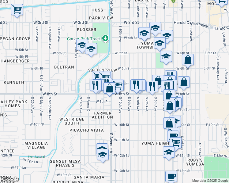 map of restaurants, bars, coffee shops, grocery stores, and more near 1080 West 8th Street in Yuma