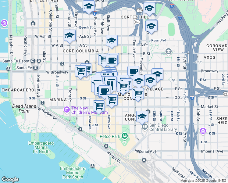 map of restaurants, bars, coffee shops, grocery stores, and more near 789 Sixth Avenue in San Diego