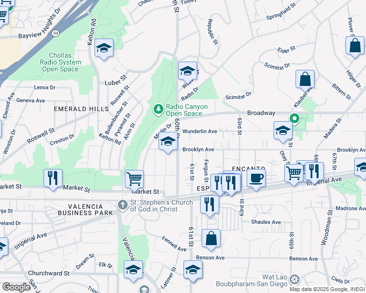 map of restaurants, bars, coffee shops, grocery stores, and more near 6026 Brooklyn Avenue in San Diego