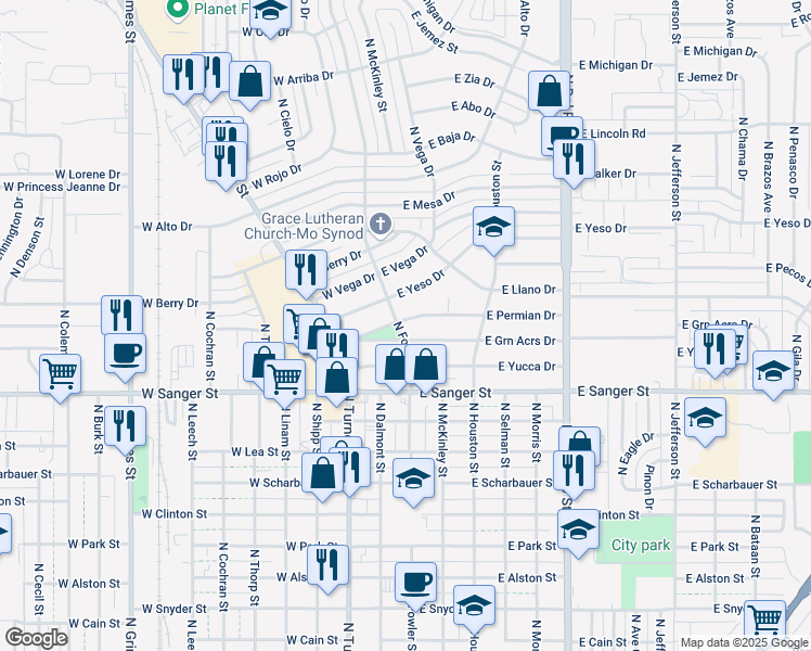 map of restaurants, bars, coffee shops, grocery stores, and more near 207 E Permian Dr in Hobbs