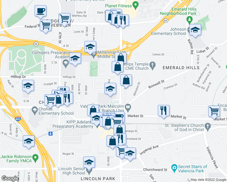 map of restaurants, bars, coffee shops, grocery stores, and more near 5021 Lise Ave in San Diego