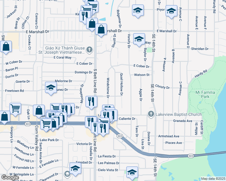 map of restaurants, bars, coffee shops, grocery stores, and more near 2217 Sheriff Drive in Grand Prairie