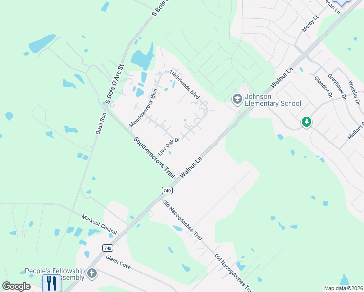 map of restaurants, bars, coffee shops, grocery stores, and more near 10532 Live Oak Drive in Forney