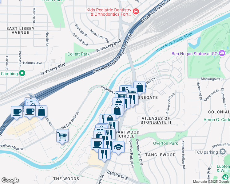 map of restaurants, bars, coffee shops, grocery stores, and more near Clearfork Main Street in Fort Worth