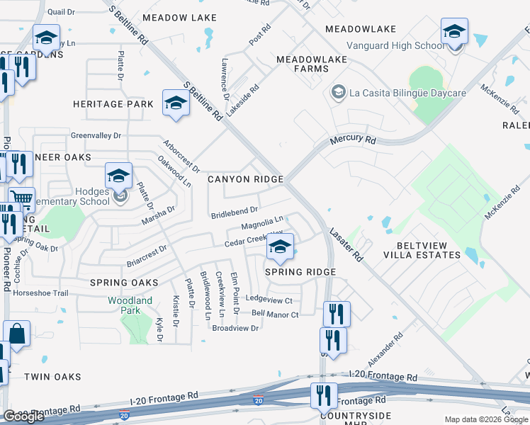 map of restaurants, bars, coffee shops, grocery stores, and more near 14826 Bridle Bend Drive in Balch Springs